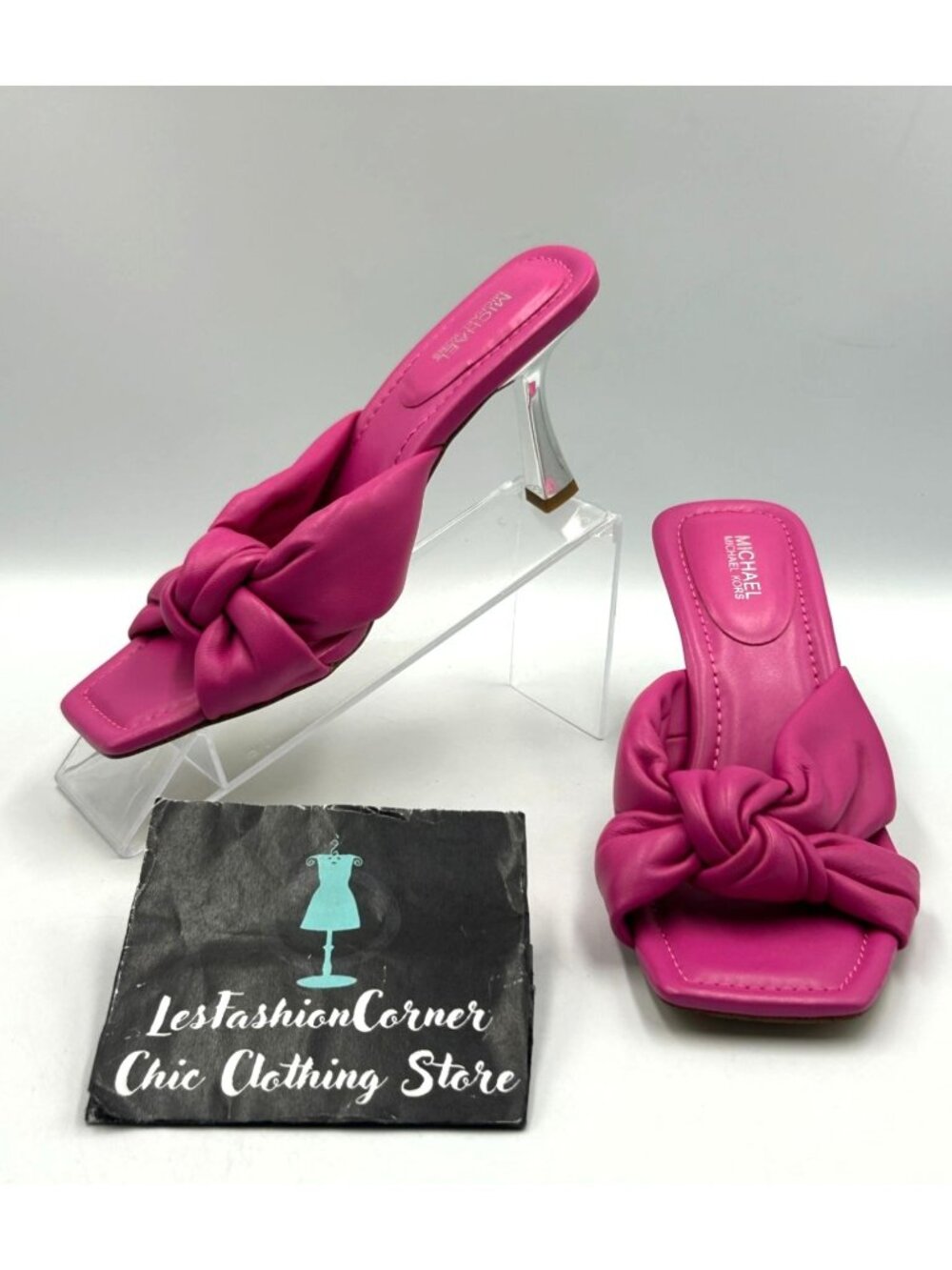 Michael Kors Women's Fuschia Leather Elena Knotted Strap Heeled Mules Sz 7 3496